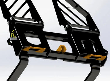 The attachment has a skid steer loader quick attach plate, as well as forks that can be adjusted to different widths.